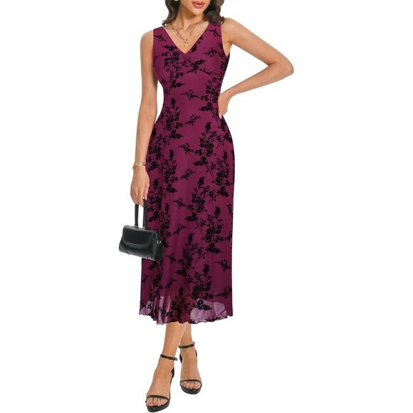 Dresses & Skirts - Women's Magenta V Neck Sleeveless Mesh Maxi Dress Casual Elegant Long Floral